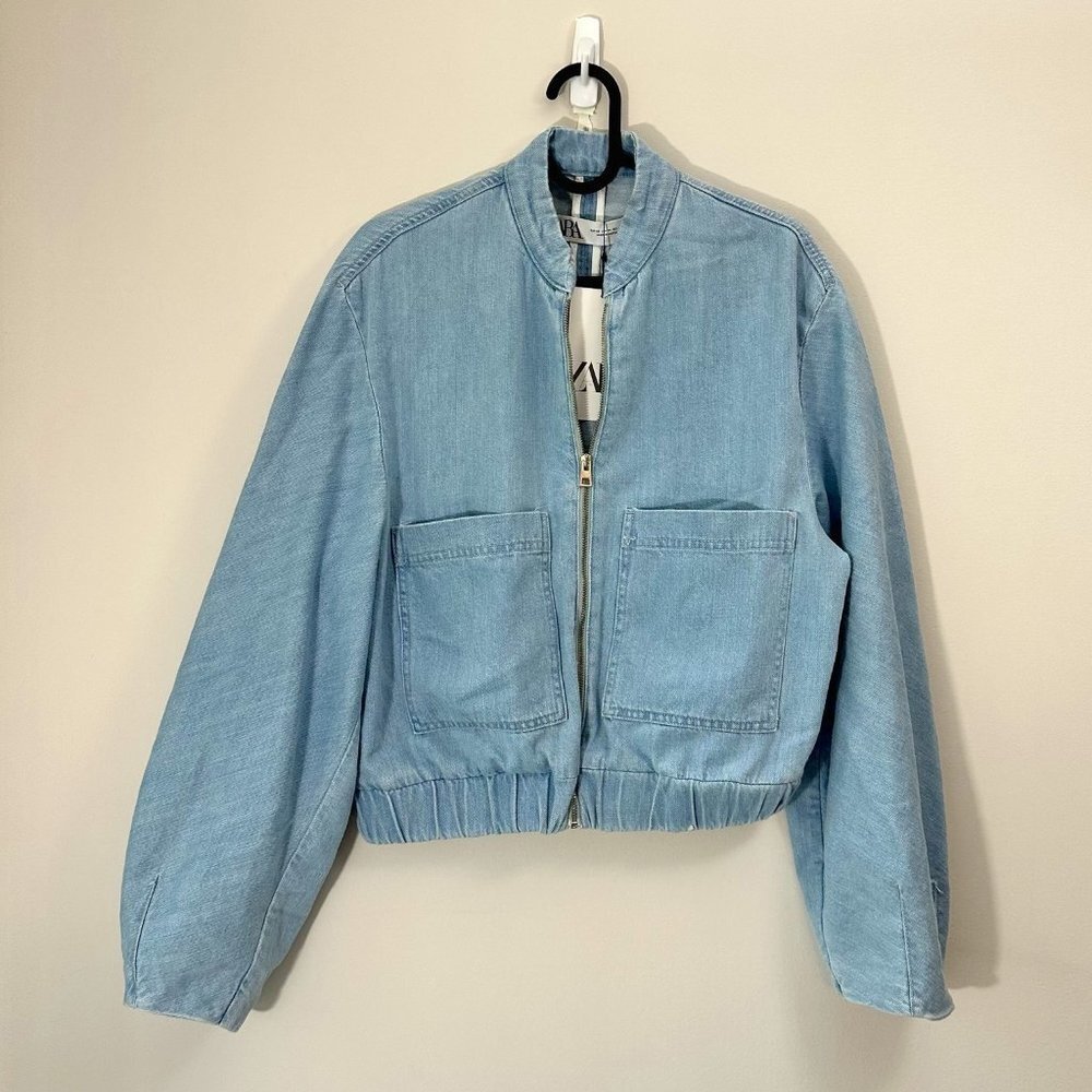 Zara Denim Bomber Jacket Front Metal Zip with Front Pockets Women's Size XS NWT
